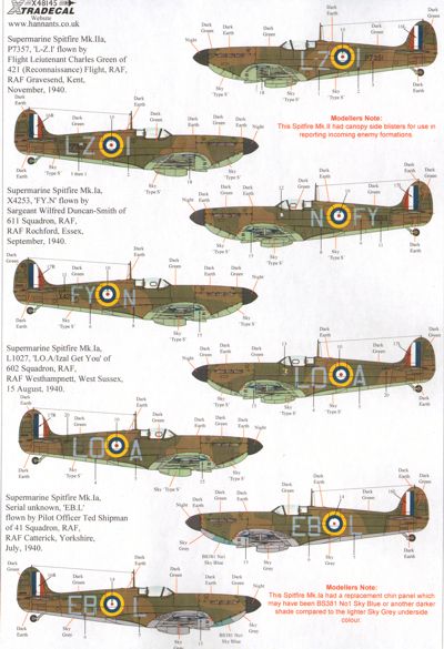 X48145 Supermarine Spitfire Mk.Ia/Mk.1 /Mk.1 Battle of Britain 1940 Pt.2 1/48 by XTRADECAL