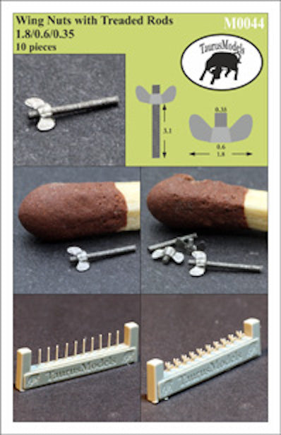 M0044 Wing Nuts with Threaded Rods. 1.8/0.6/0.35 mm (10 pieces) 1/32 by TAURUS