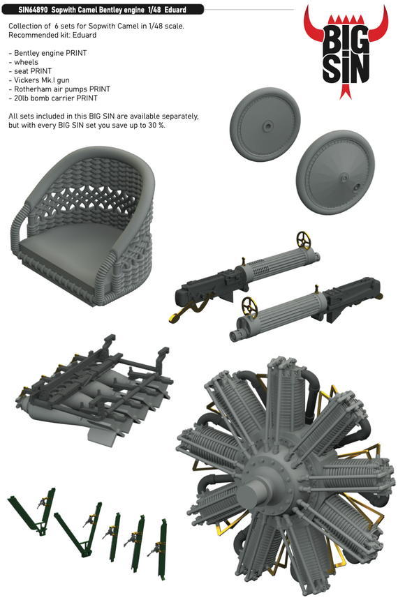 SIN 64890 Sopwith Camel Bentley Engine (6 detailing sets) 1/48 by EDUARD